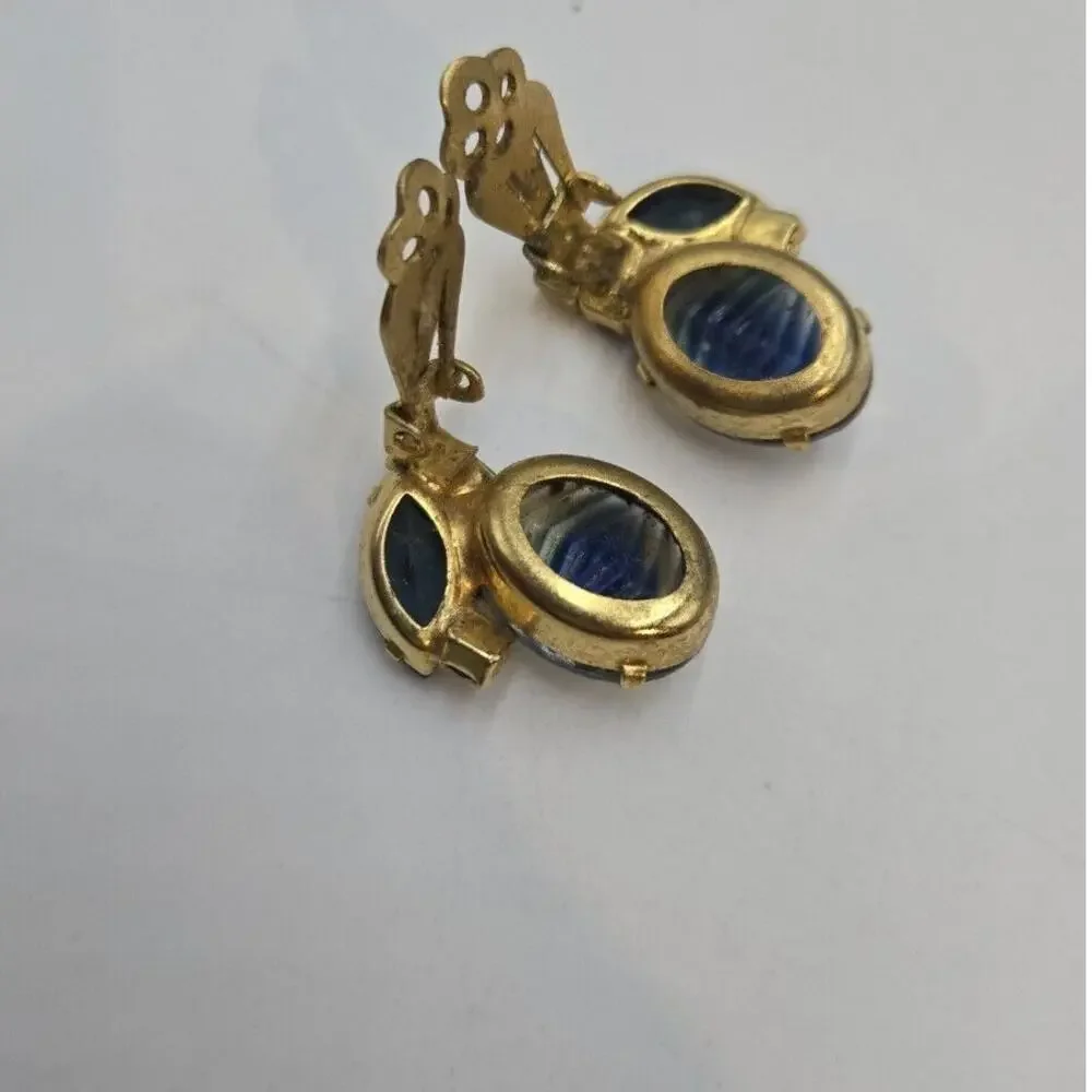 Vintage Unique Glass Cluster Blue Clip Earrings Rhinestone Statement Bling